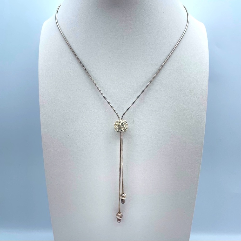 Sterling Silver CZ Pave Ball Lariat Necklace – Adjustable Y Drop Design